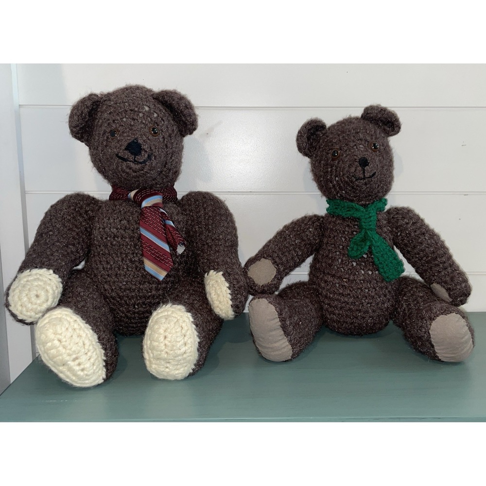 Vtg late 1970s Hand Made Crocheted‎ 14" Brown Stuffed Teddy Bears Daddy & Baby